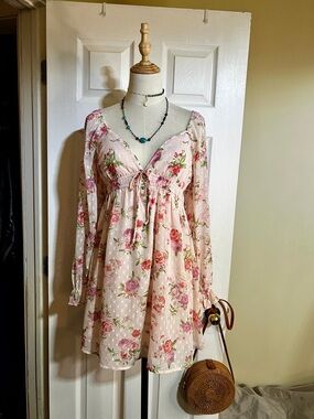 Thirty Thirty Wms Pink Swiss Dot Floral Pleated Coquette Babydoll Mini Dress M